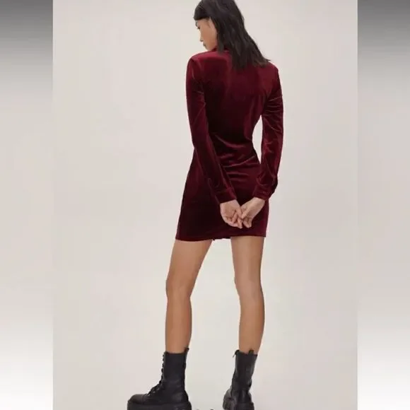 House Of Harlow 1960 Velvet Mini Burgundy Dress Ruched Shirt Size S - Picture 3 of 10